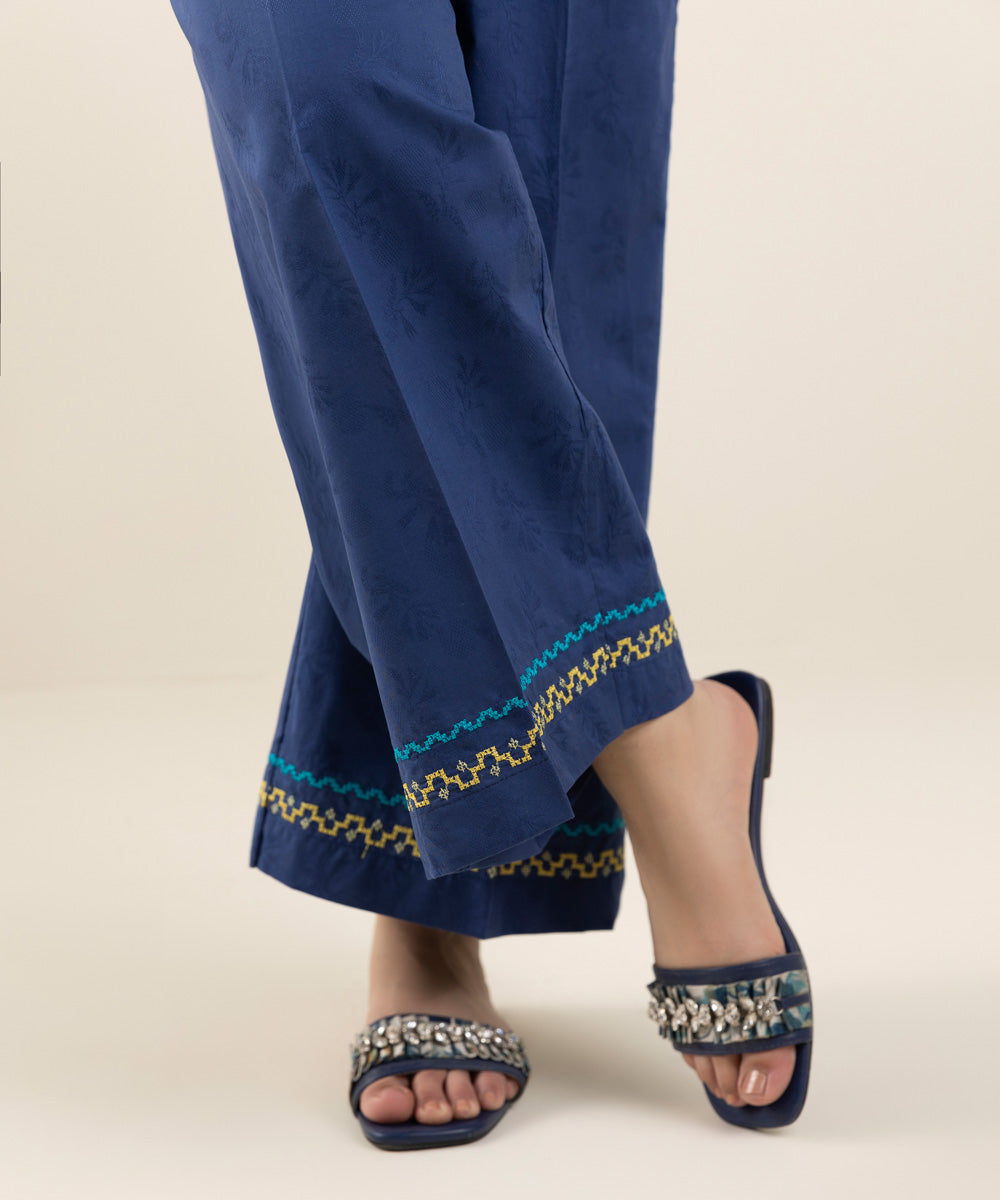 Women's Pret Cotton Jacquard Blue Solid Embroidered Culottes