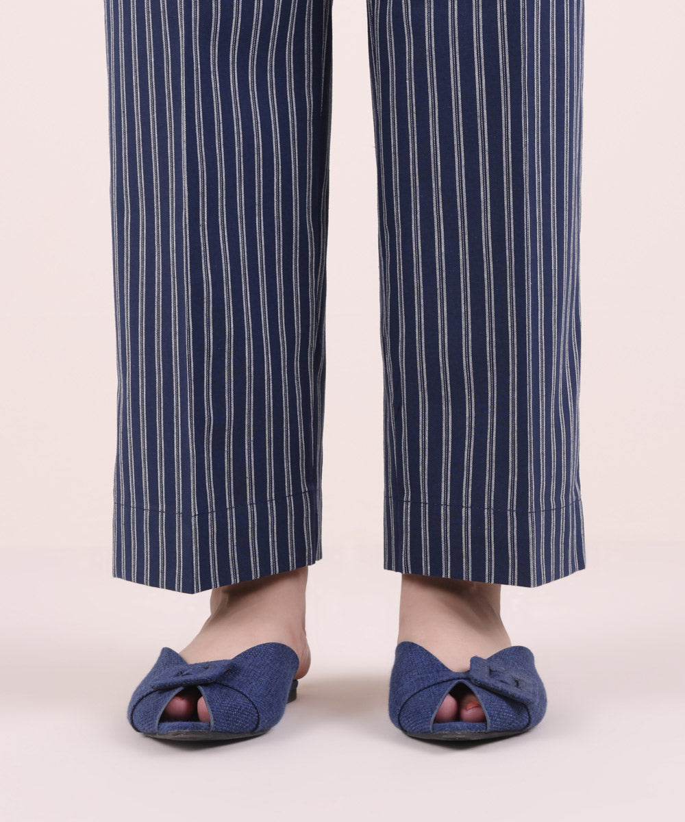 Women's Pret Yarn Dyed Solid Blue Straight Pants