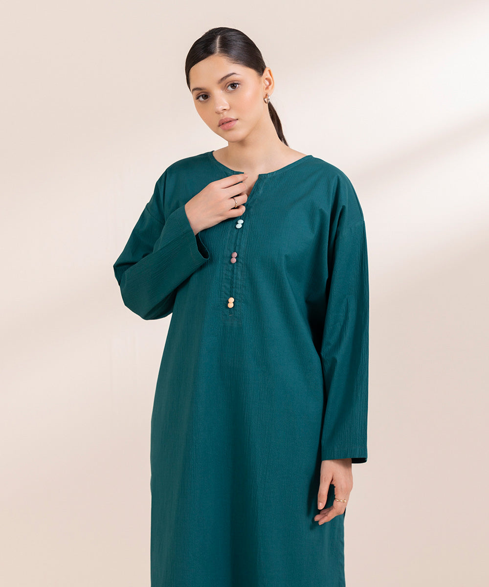 Women's Pret Seersucker Solid Green Boxy Shirt