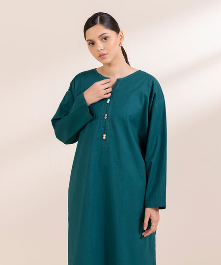 Women's Pret Seersucker Solid Green Boxy Shirt