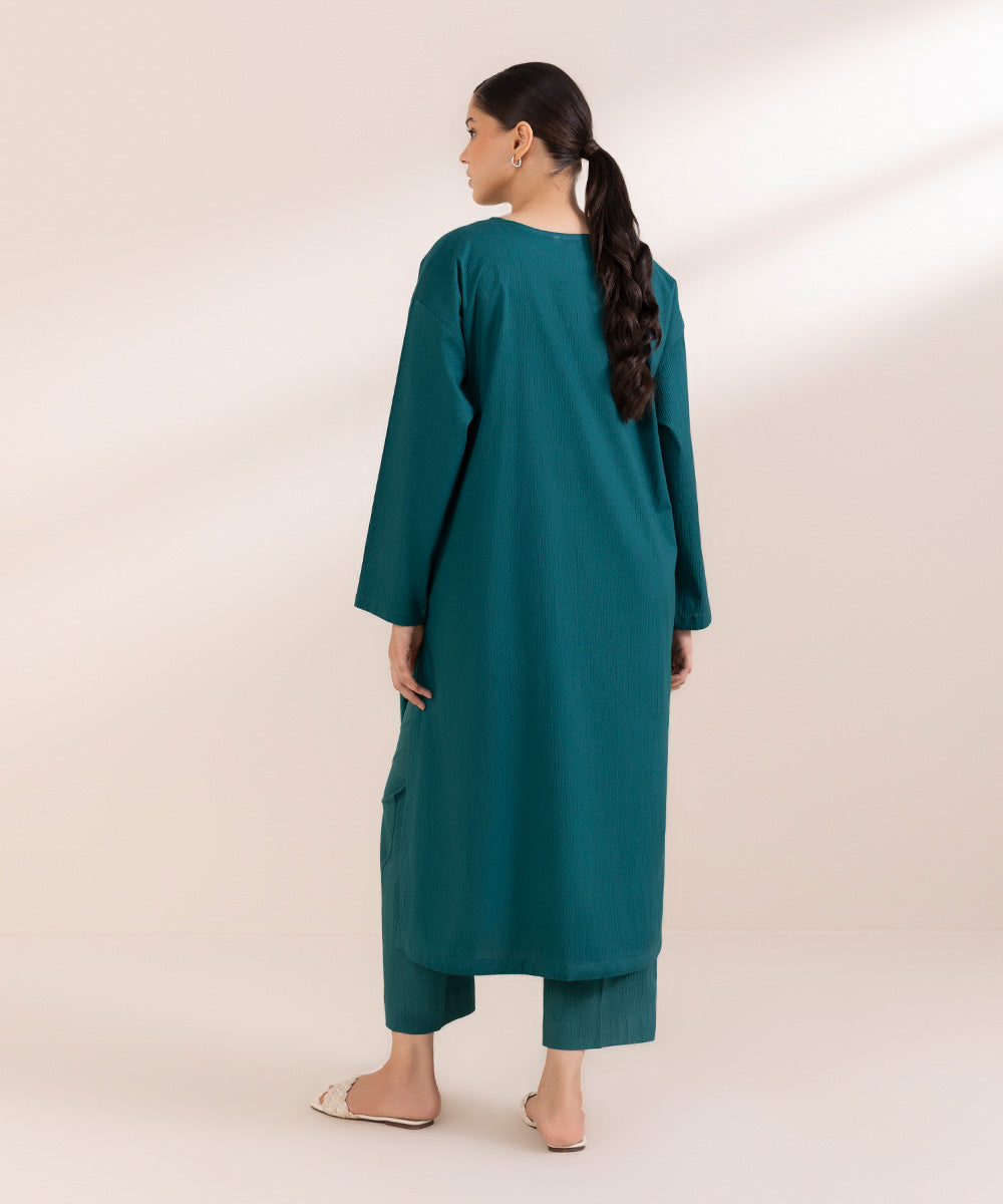 Women's Pret Seersucker Solid Green Boxy Shirt