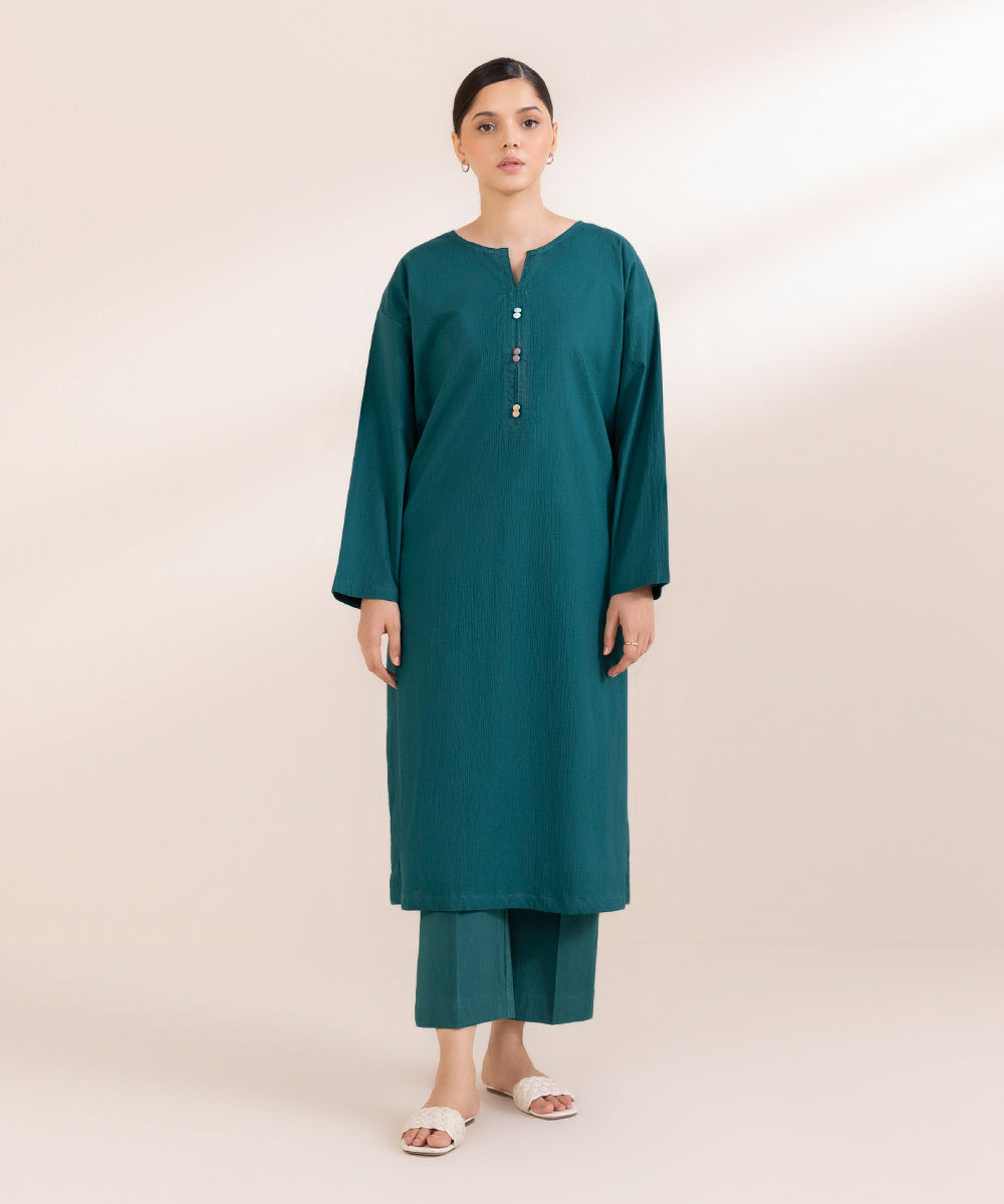 Women's Pret Seersucker Solid Green Boxy Shirt