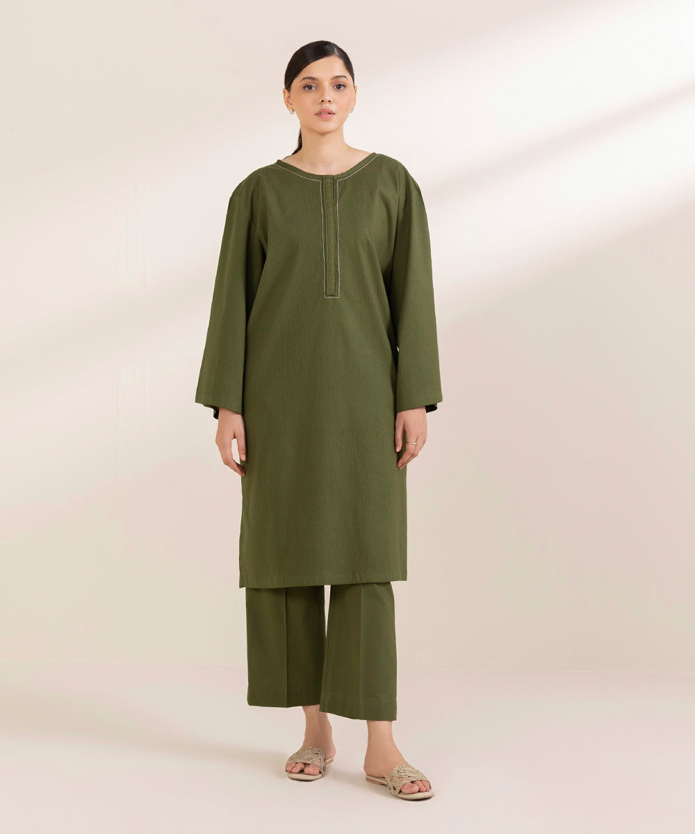 Women's Pret Seersucker Solid Green Straight Shirt