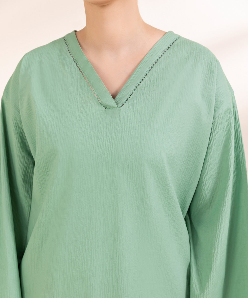 Women's Pret Seersucker Solid Green A-Line Shirt