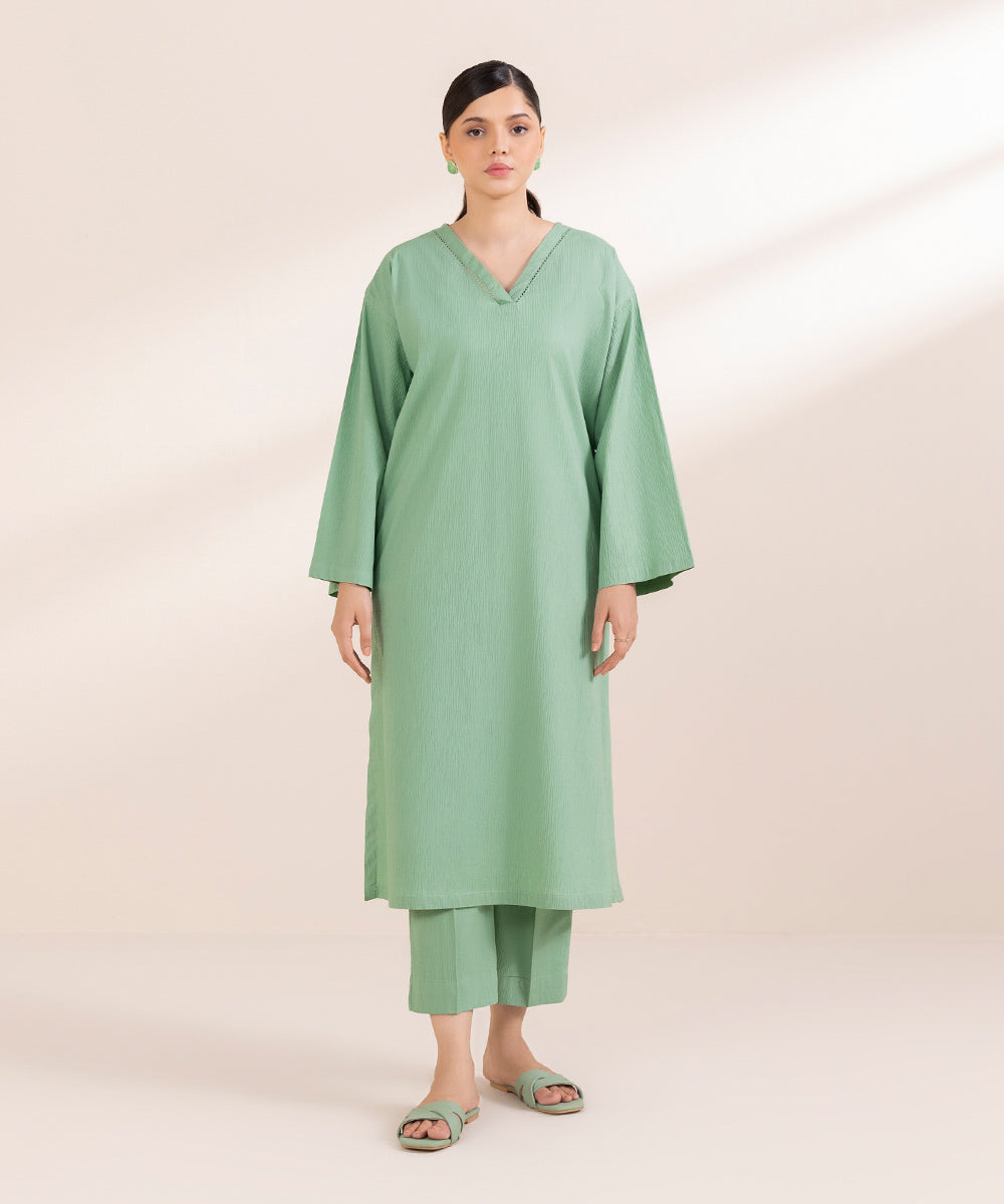 Women's Pret Seersucker Solid Green A-Line Shirt