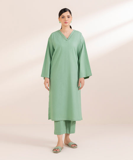 Women's Pret Seersucker Solid Green A-Line Shirt