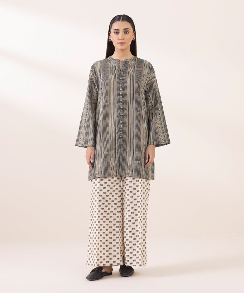 Women's Pret Printed Olive Green Khaddar Boxy Shirt