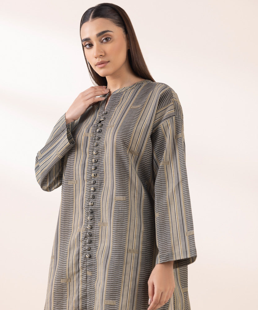 Women's Pret Printed Olive Green Khaddar Boxy Shirt