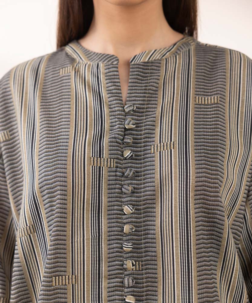 Women's Pret Printed Olive Green Khaddar Boxy Shirt