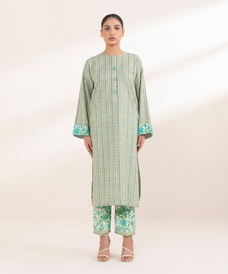 Women's Pret Printed Green On White Khaddar A Line Shirt