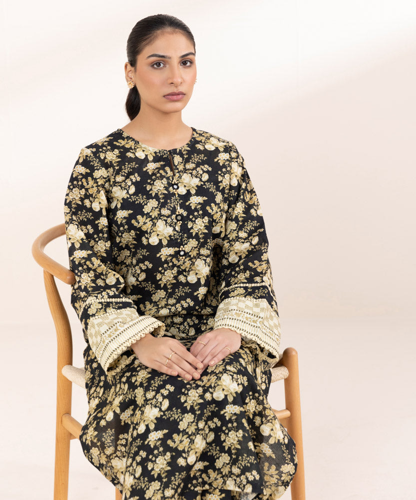 Women's Pret Printed Black Khaddar A Line Shirt