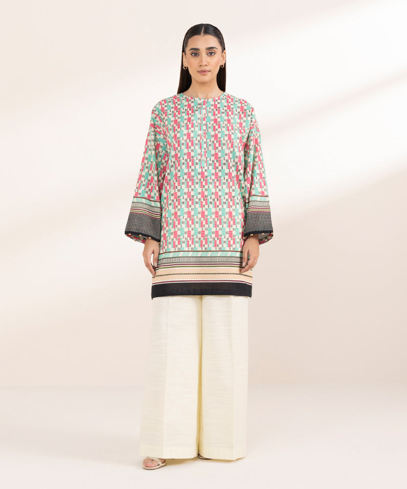 Women's Pret Printed Pink On Off White Khaddar Boxy Shirt