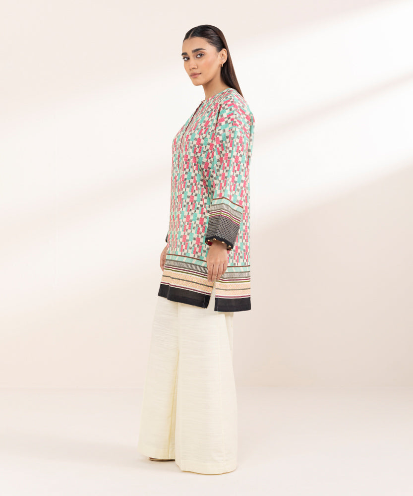 Women's Pret Printed Pink On Off White Khaddar Boxy Shirt