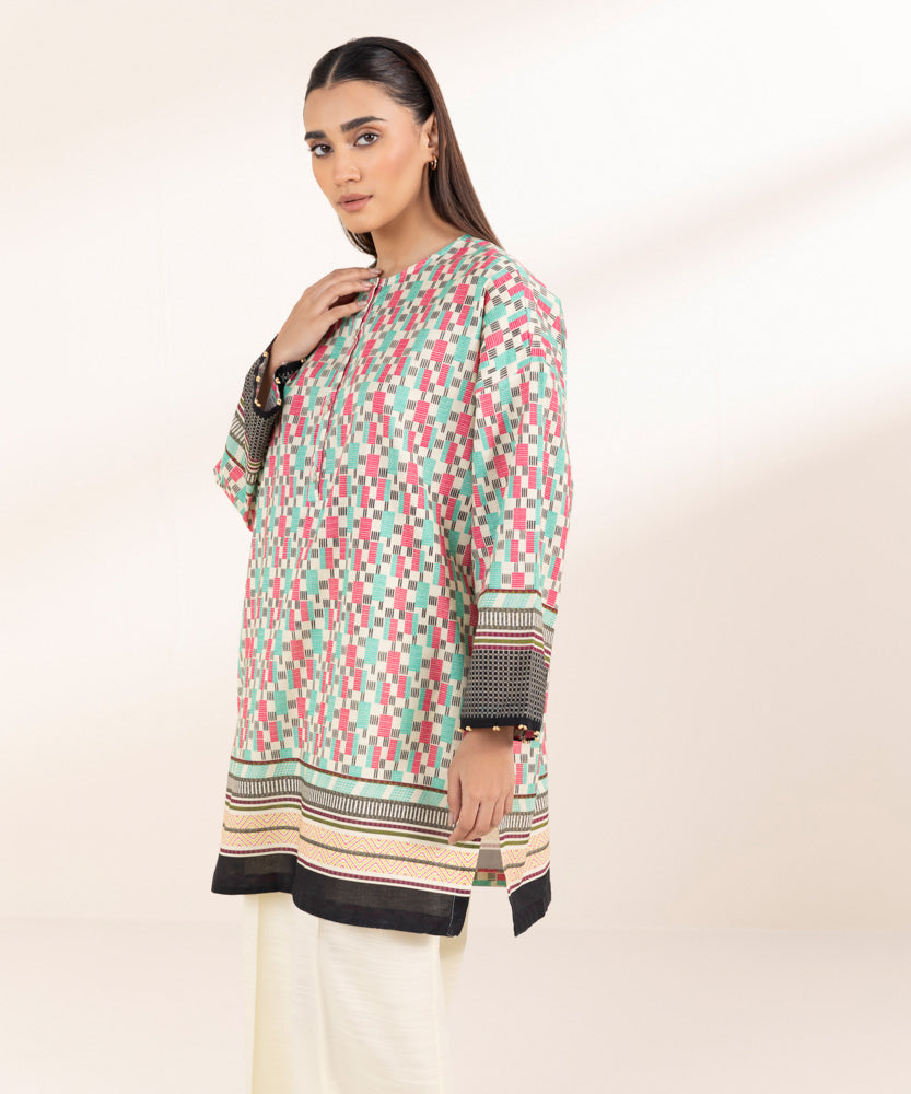 Women's Pret Printed Pink On Off White Khaddar Boxy Shirt