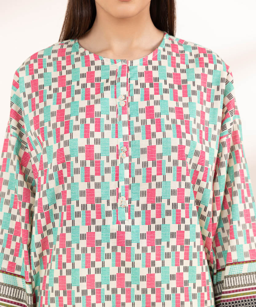 Women's Pret Printed Pink On Off White Khaddar Boxy Shirt