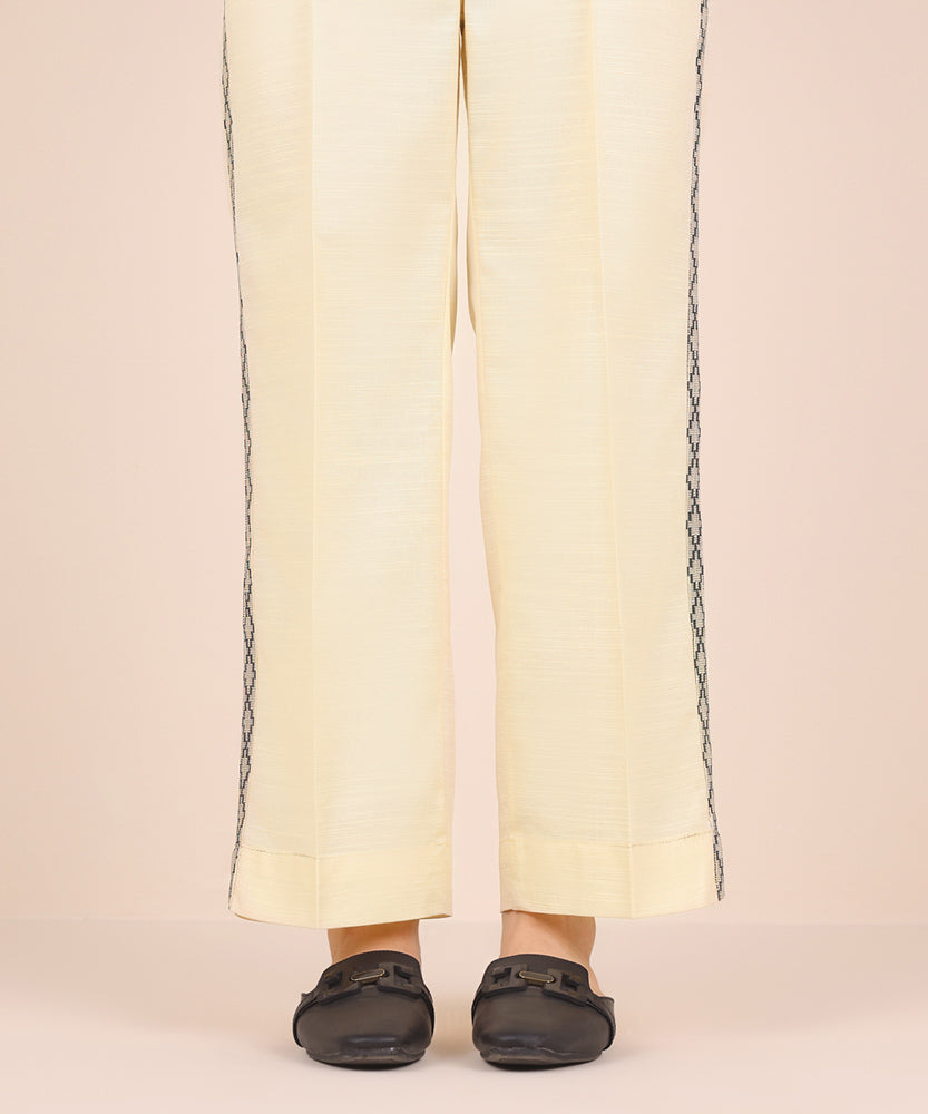 Women's Pret Solid Cream White Khaddar Straight Trousers