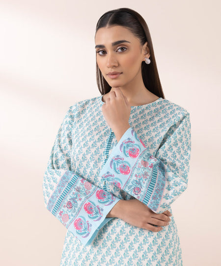 Women's Pret Printed Blue On White Khaddar A Line Shirt