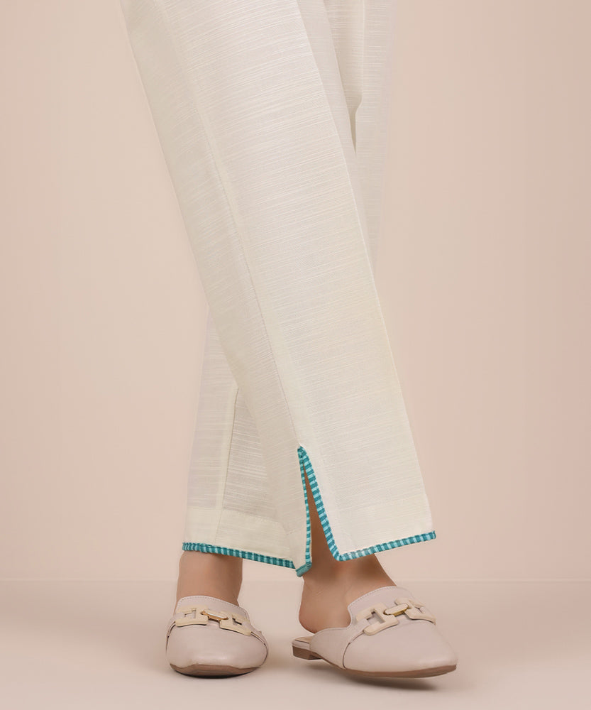 Women's Pret Solid Off White Khaddar Straight Trousers