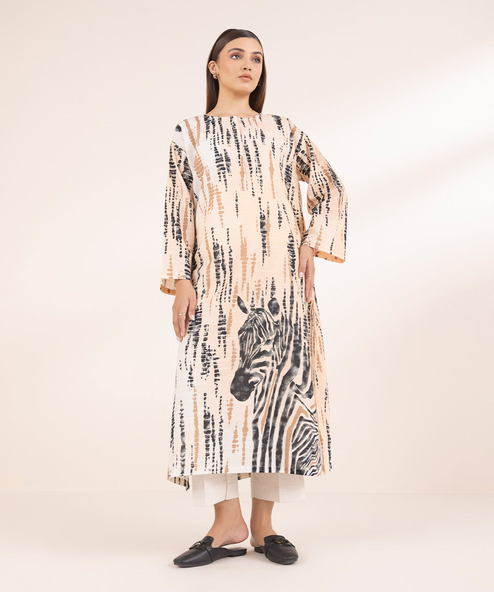 Women's Pret Off White Printed Khaddar Boxy Shirt