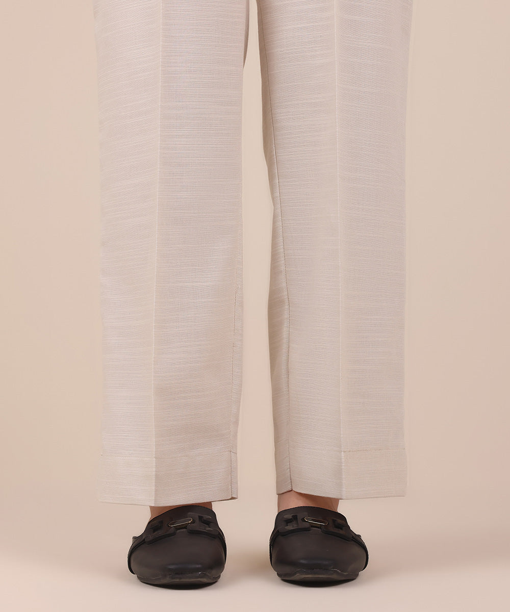 Women's Pret Off White Solid Khaddar Straight Trousers