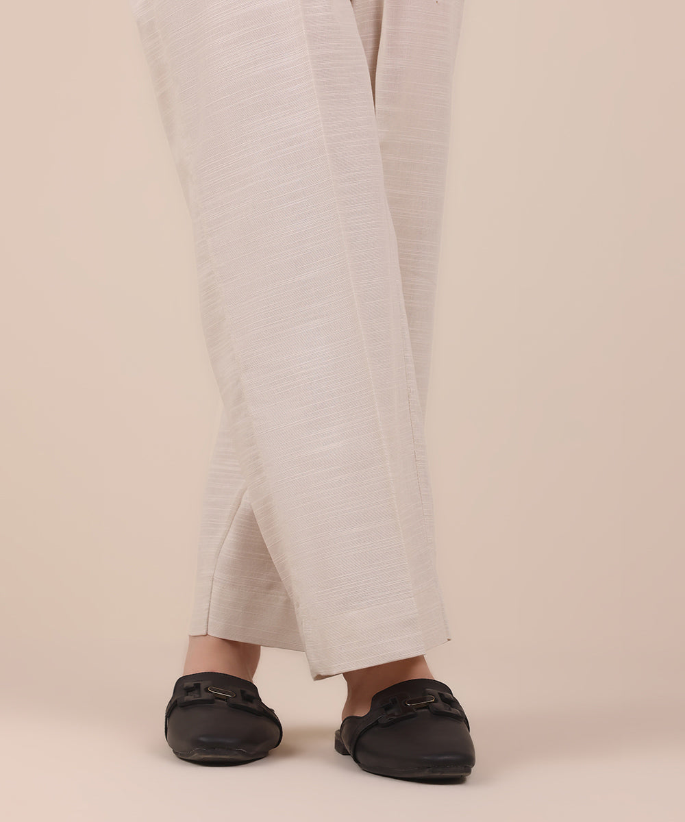 Women's Pret Off White Solid Khaddar Straight Trousers