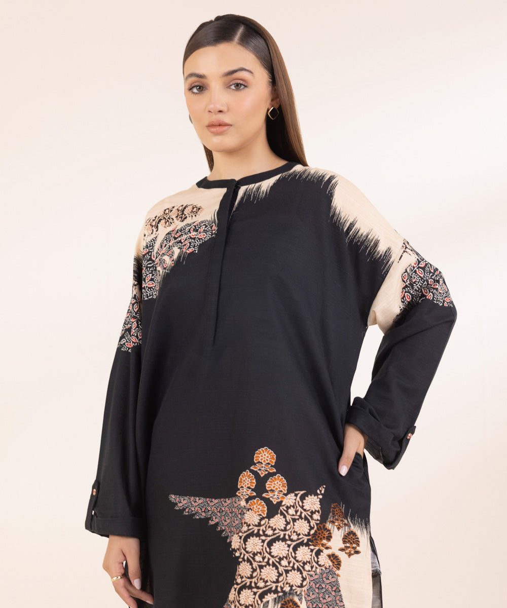 Women's Pret Beige Printed Khaddar Boxy Shirt