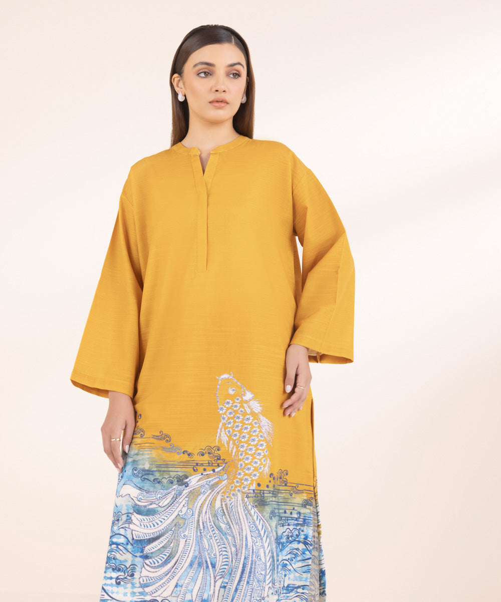 Women's Pret Yellow Printed Khaddar A-Line Shirt