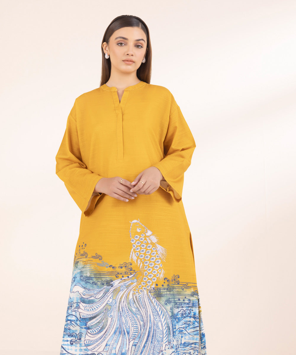 Women's Pret Yellow Printed Khaddar A-Line Shirt