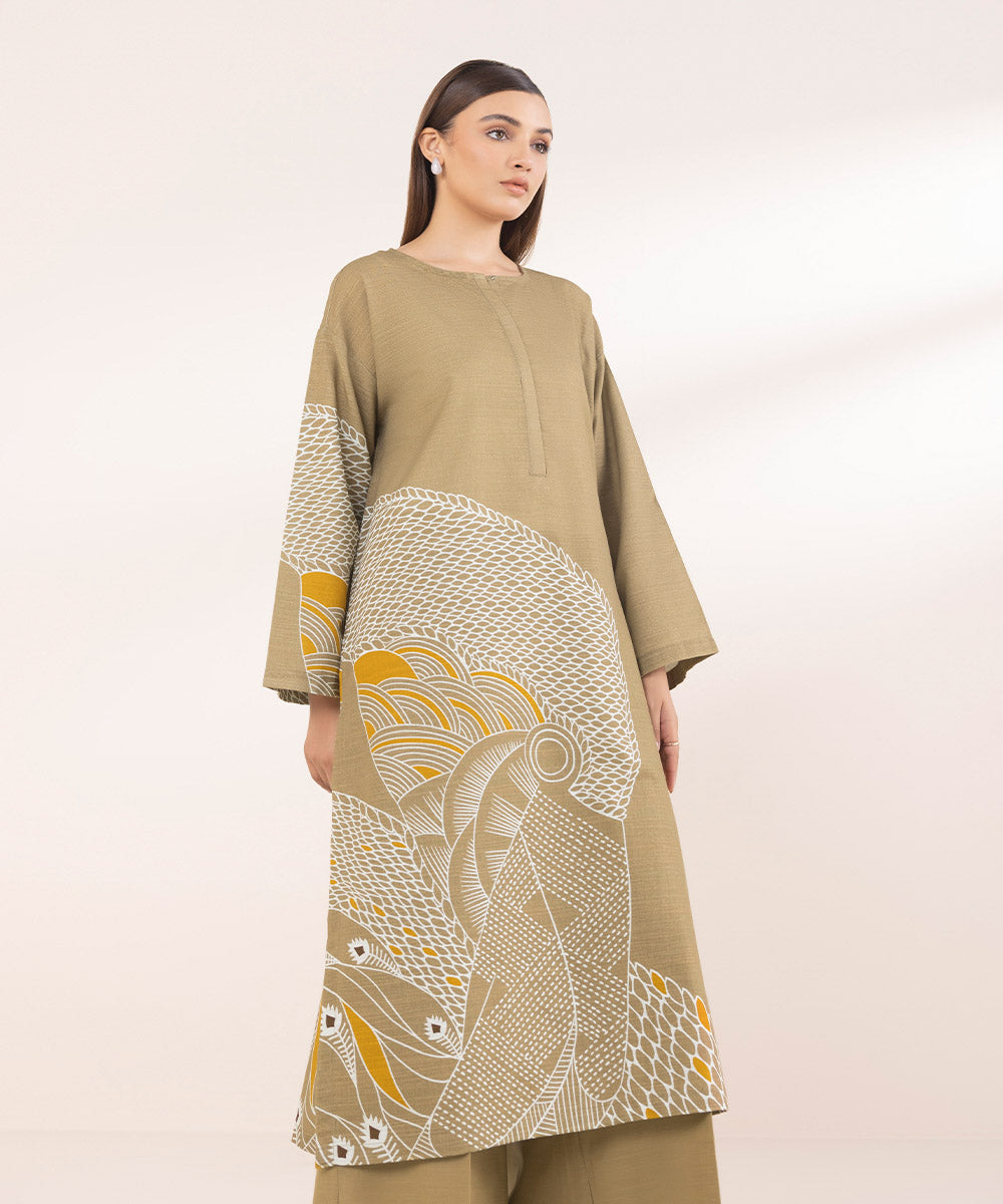 Women's Pret Brown Printed Khaddar Boxy Shirt