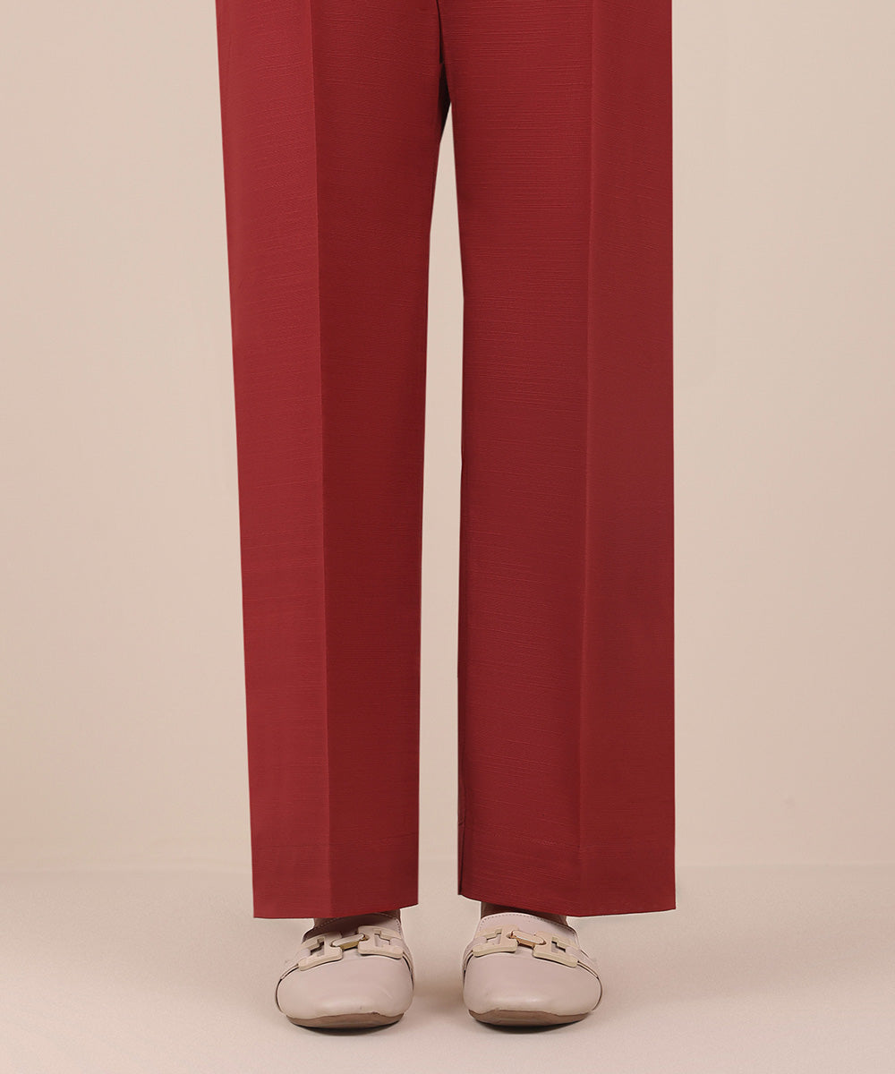 Women's Pret Red Solid Khaddar Straight Trousers