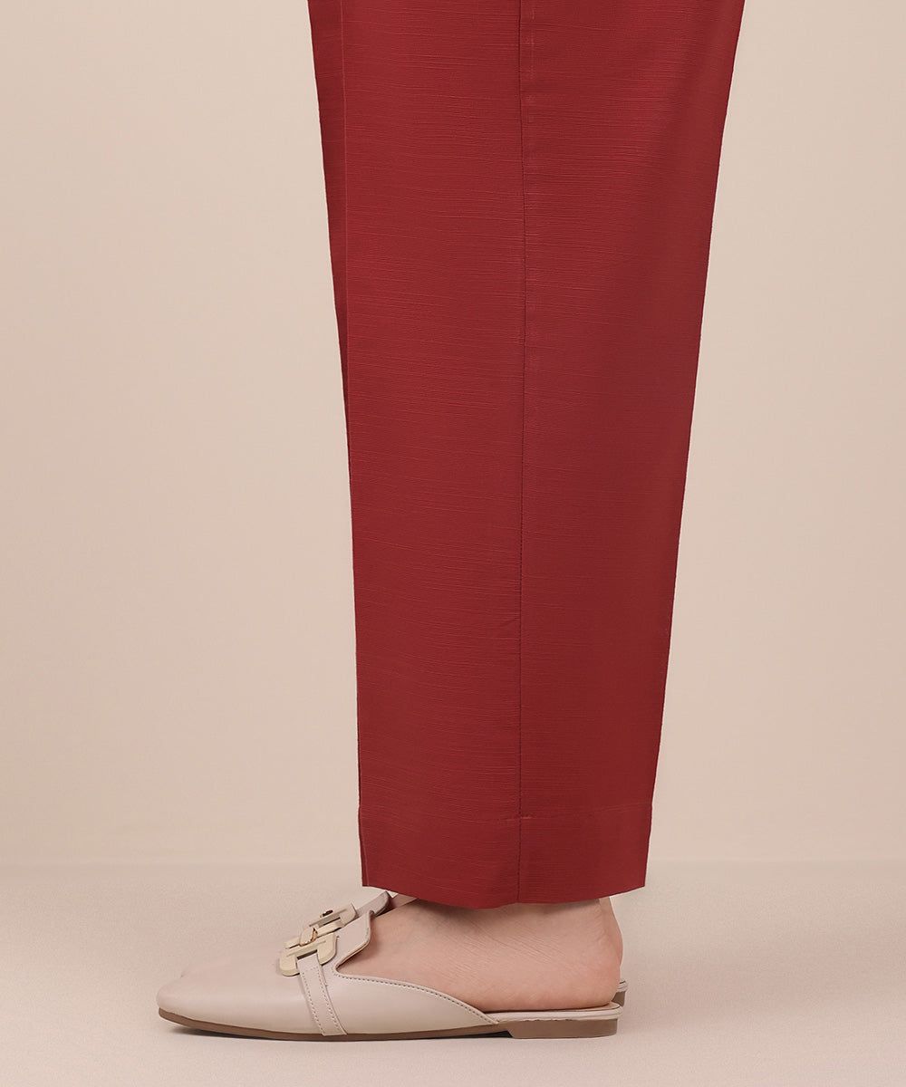 Women's Pret Red Solid Khaddar Straight Trousers