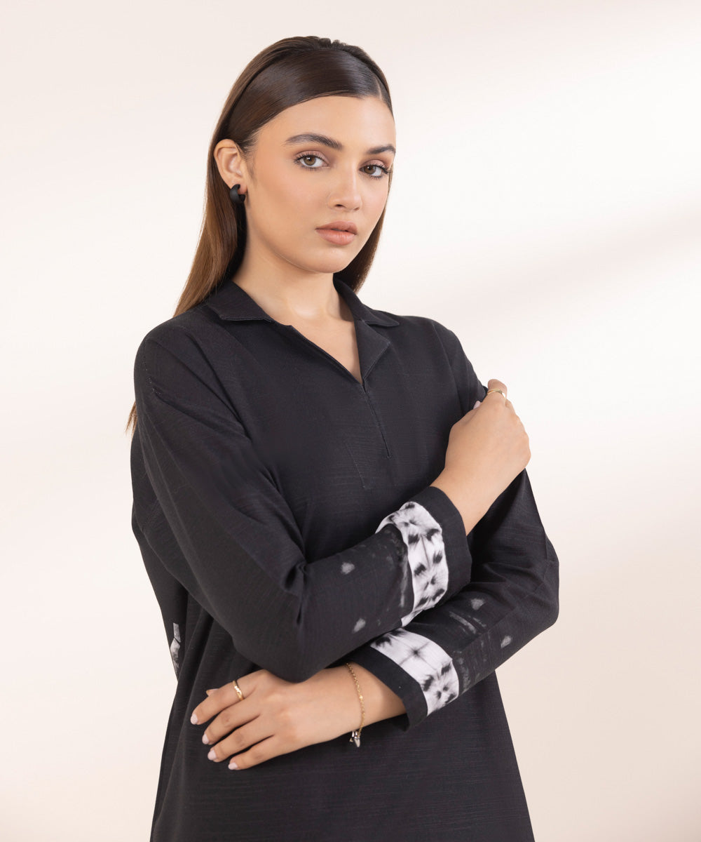 Women's Pret Black Printed Khaddar Boxy Shirt