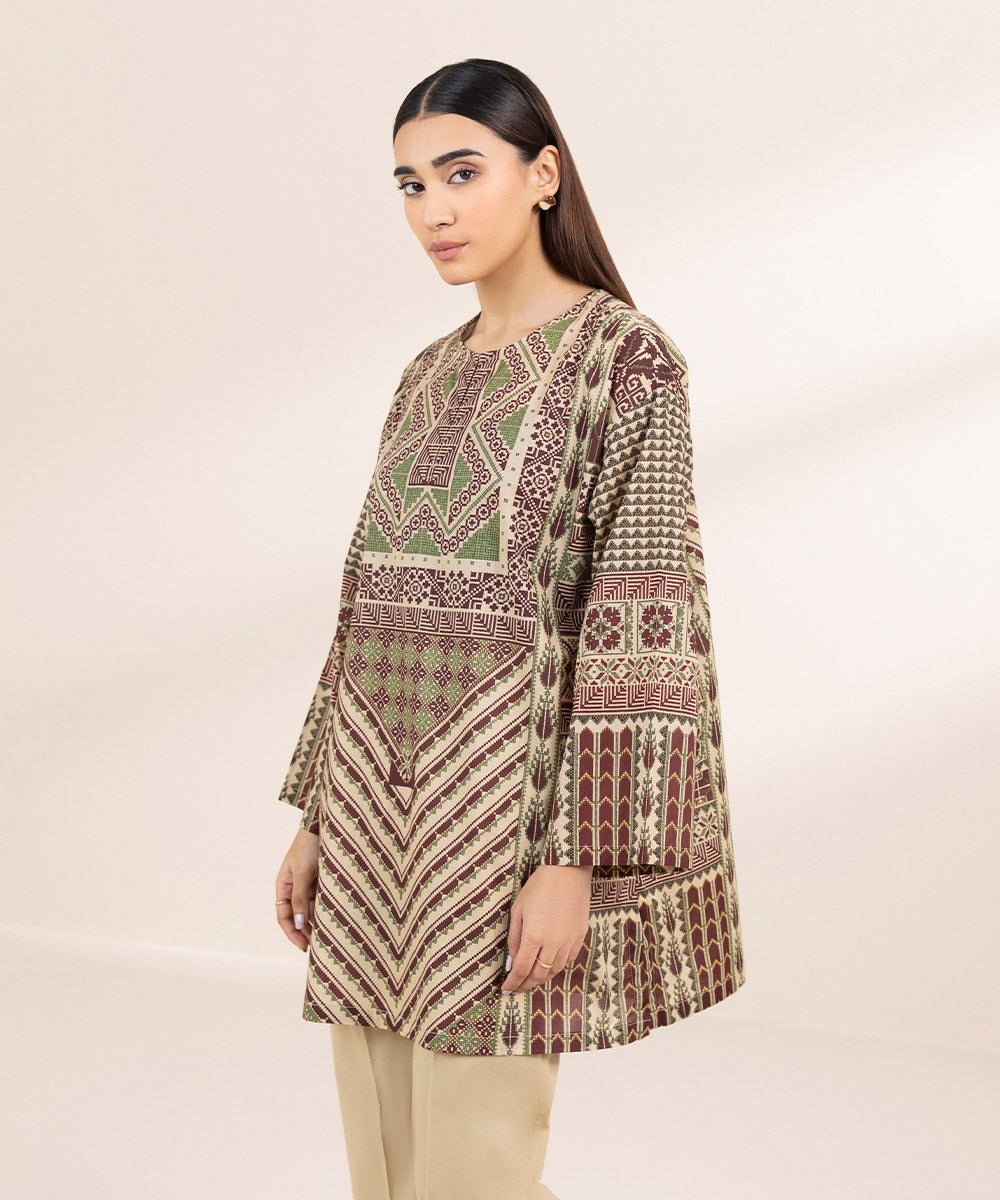 Women's Pret Cambric Brown Printed Boxy Shirt