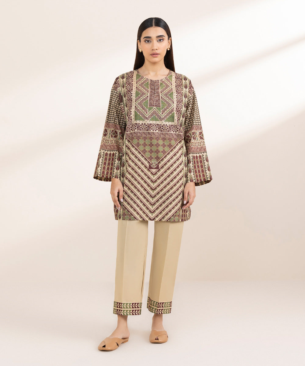 Women's Pret Cambric Brown Printed Boxy Shirt