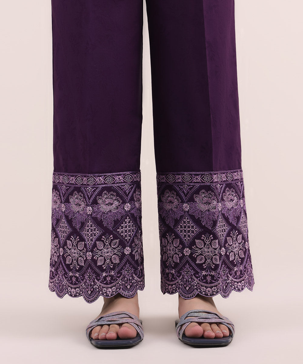 Women's Pret Cotton Jacquard Purple Embroidered Culottes