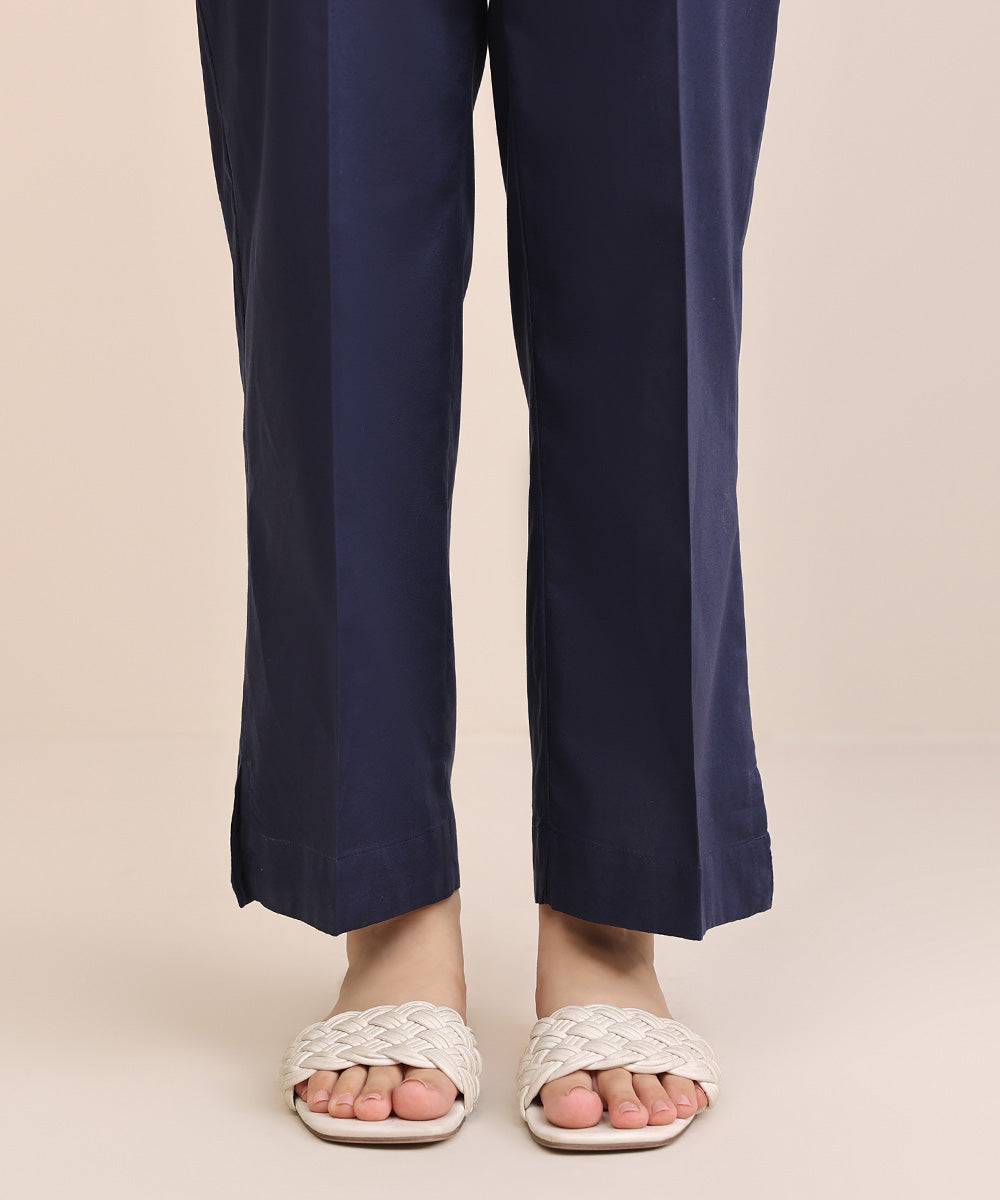 Women's Pret Cambric Blue Solid Straight Pants