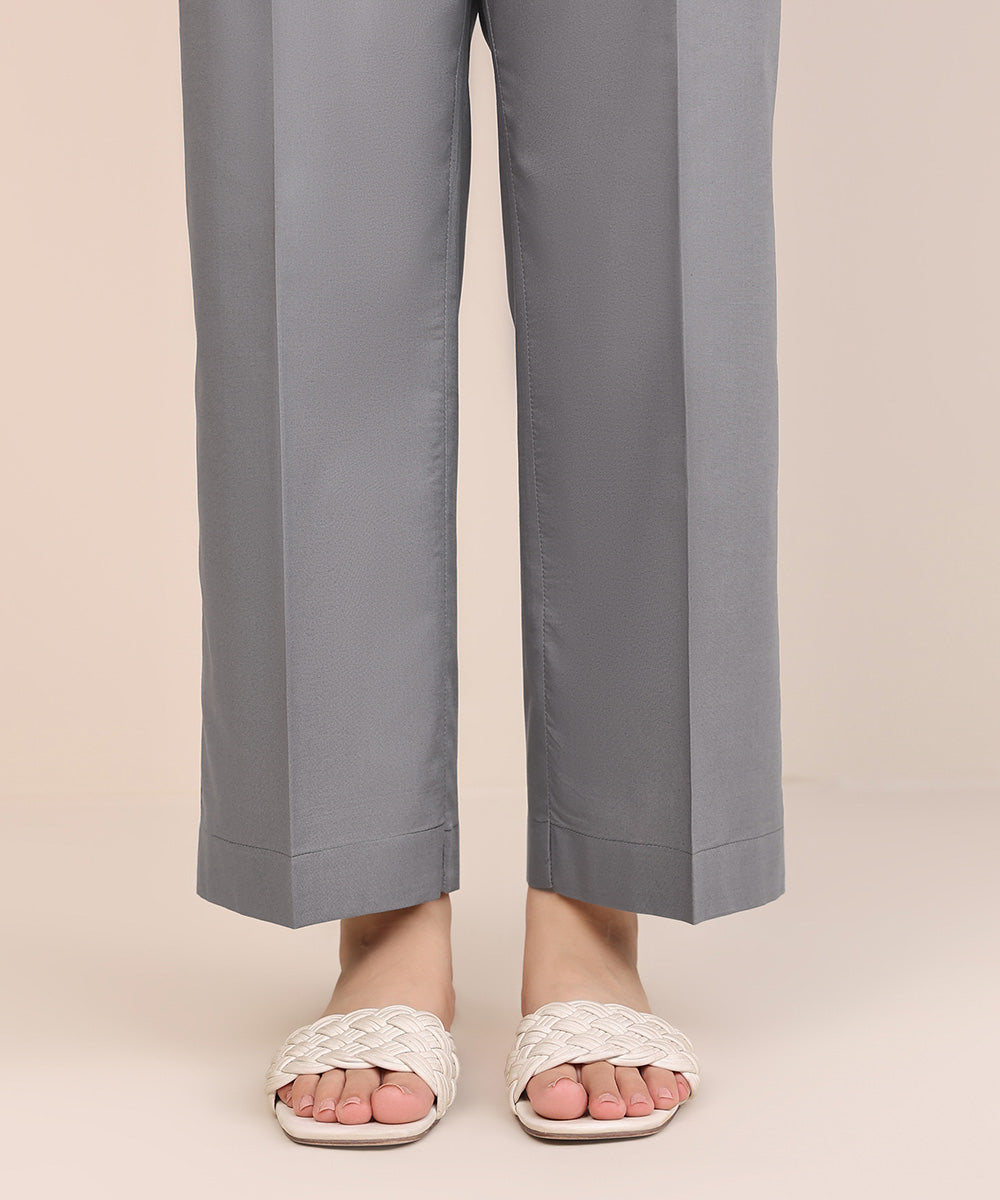 Women's Pret Cambric Grey Solid Straight Pants