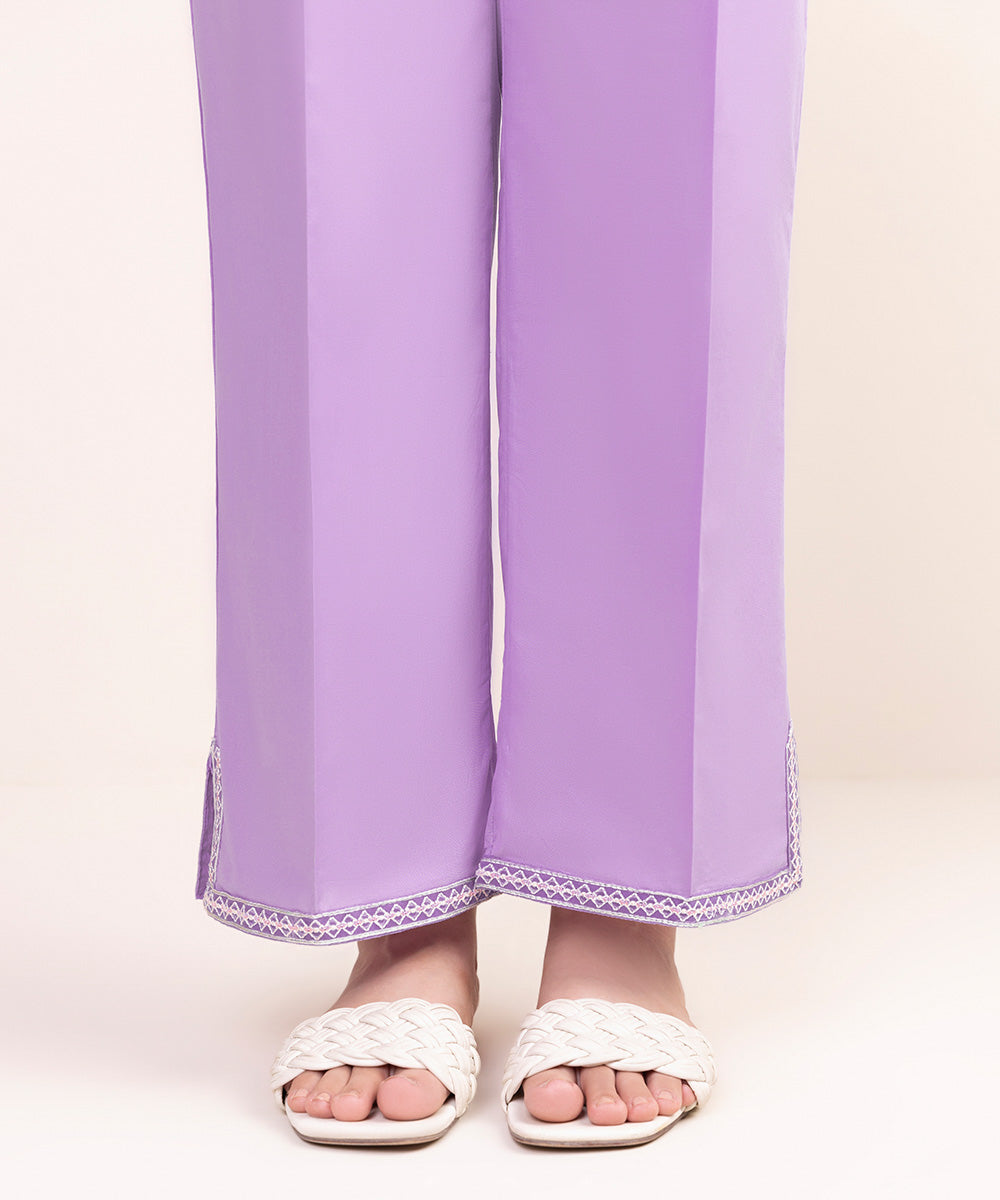 Women's Pret Cambric Purple Embroidered Straight Pants