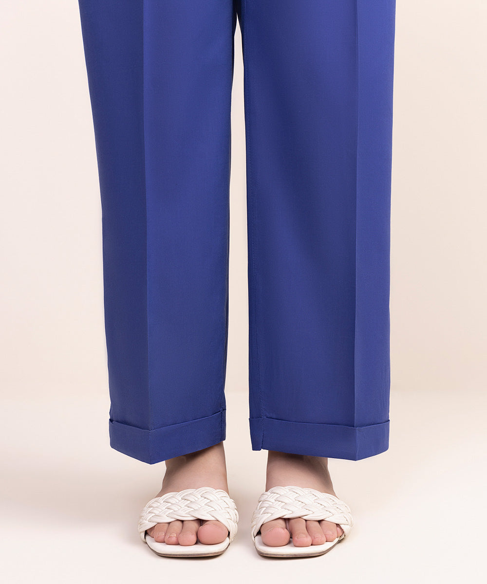 Women's Pret Cotton Viscose Blue Solid Straight Pants