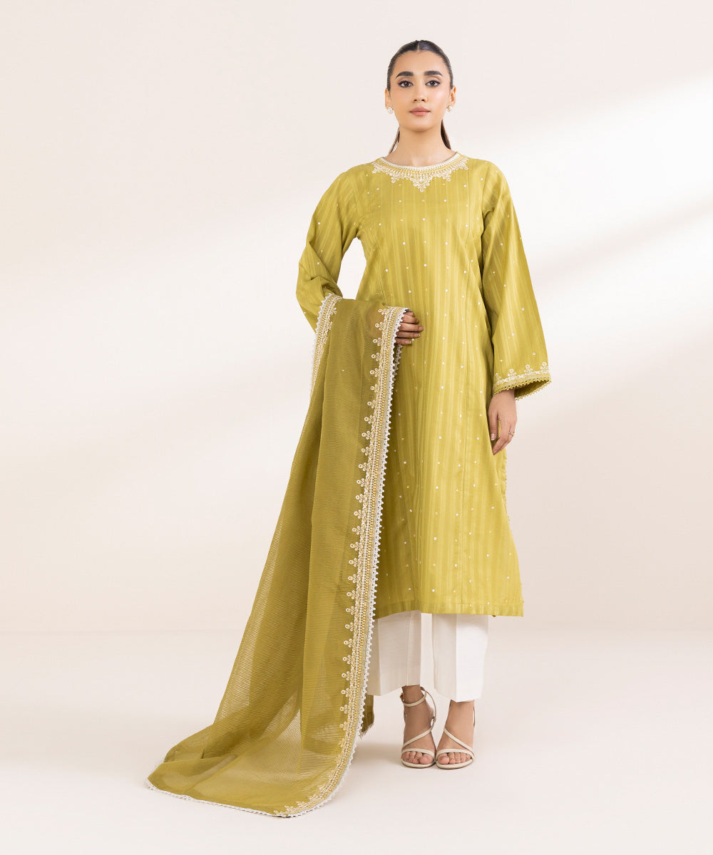 Blended Textured Karandi Yellow Embroidered Dupatta