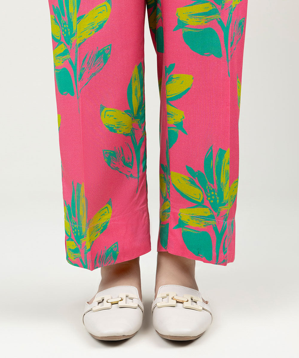 Women's Pret Linen Printed Flamingo Pink Straight Pants