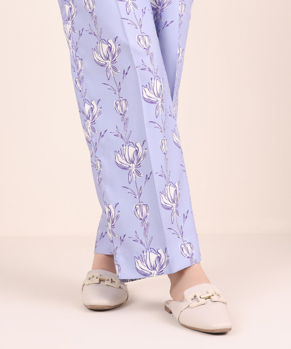 Women's Pret Linen Printed Light Indigo Straight Pants