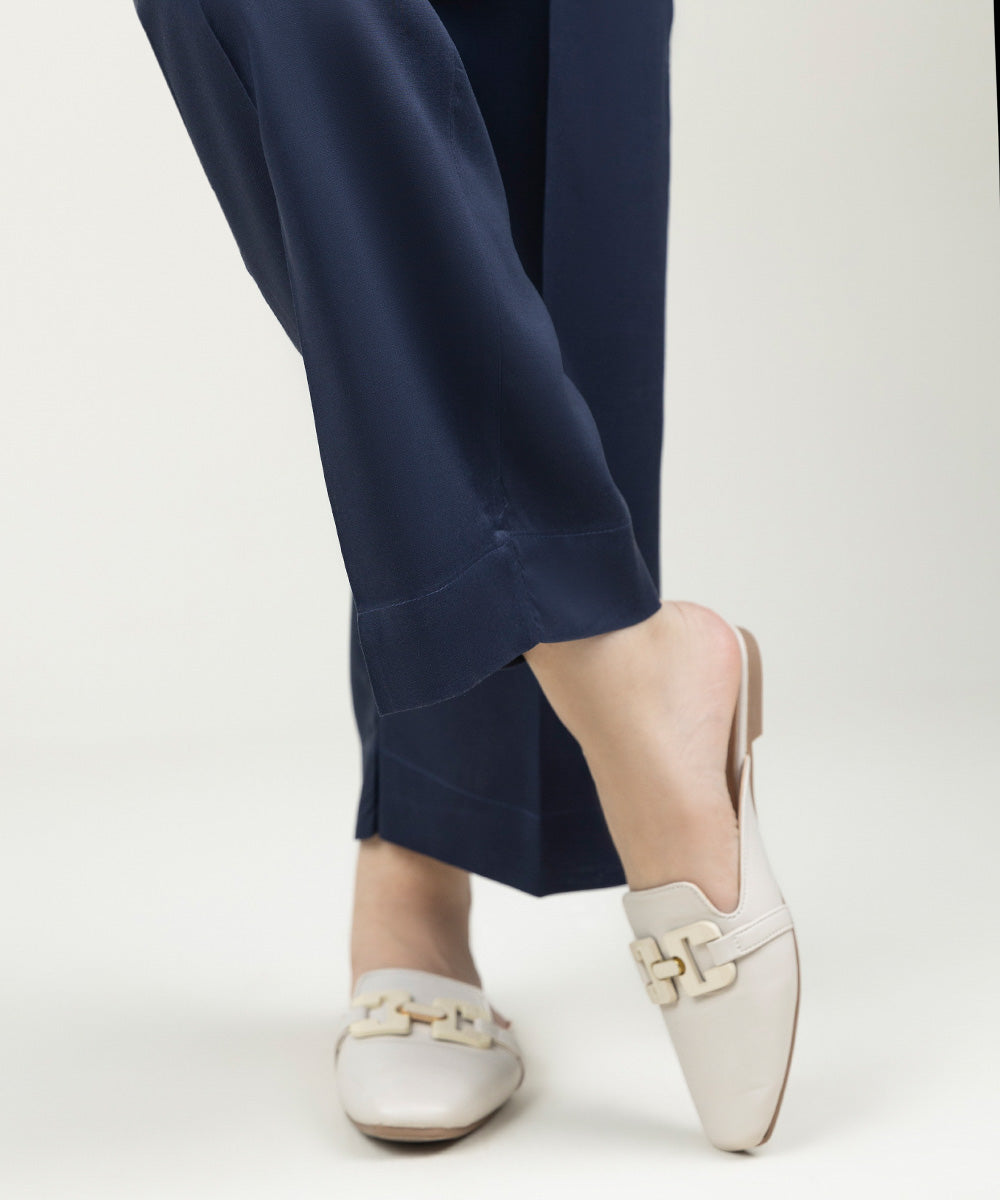 Women's Pret Linen Solid Navy Blue Straight Pants