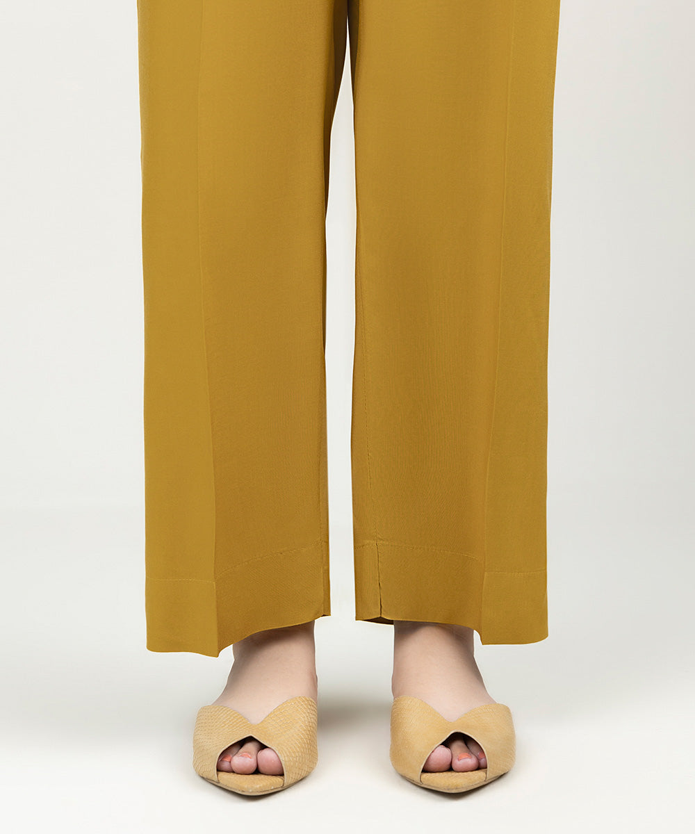 Women's Pret Linen Solid Mustard  Straight Pants