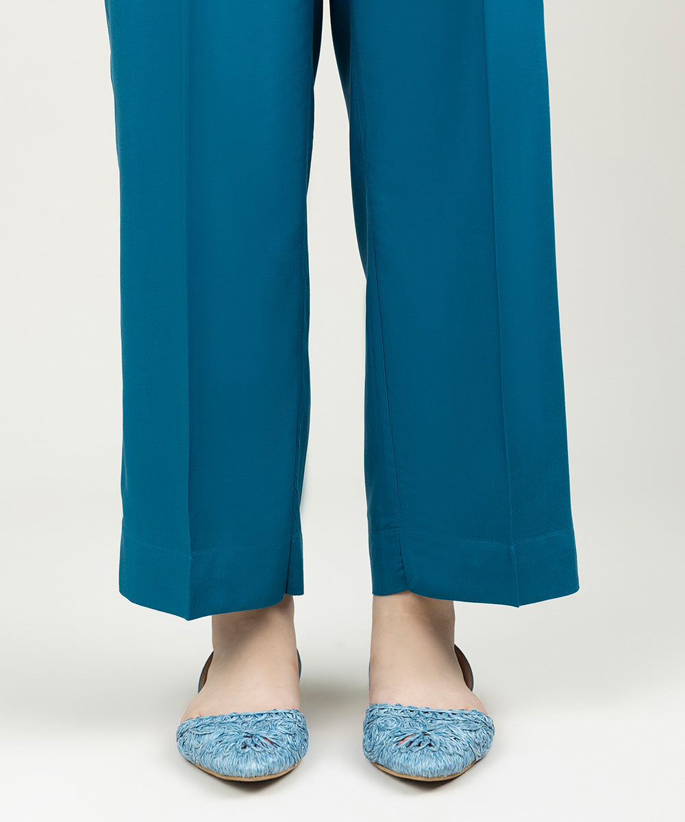 Women's Pret Linen Solid Teal Straight Pants