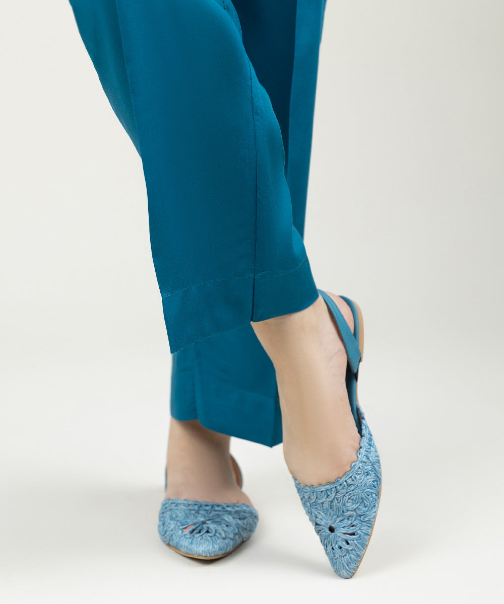 Women's Pret Linen Solid Teal Straight Pants