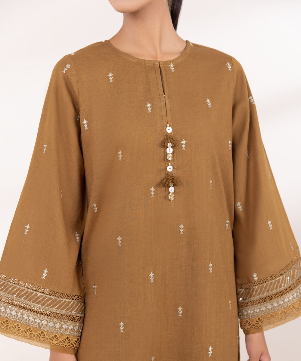 Women's Pret Cross Hatch Brown Embroidered A-Line Shirt