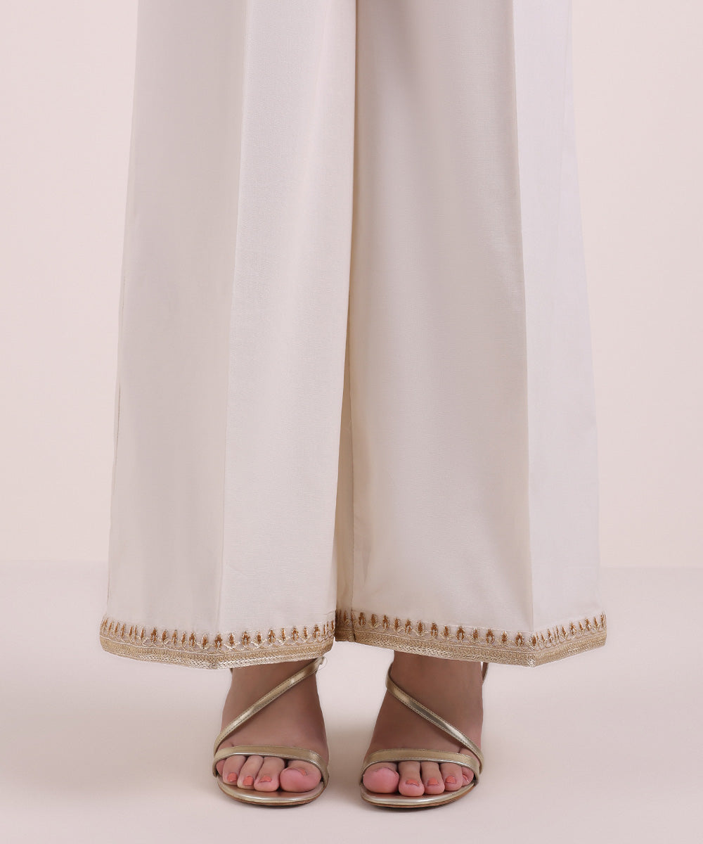 Women's Pret Cambric Off White Embroidered Flared Pants