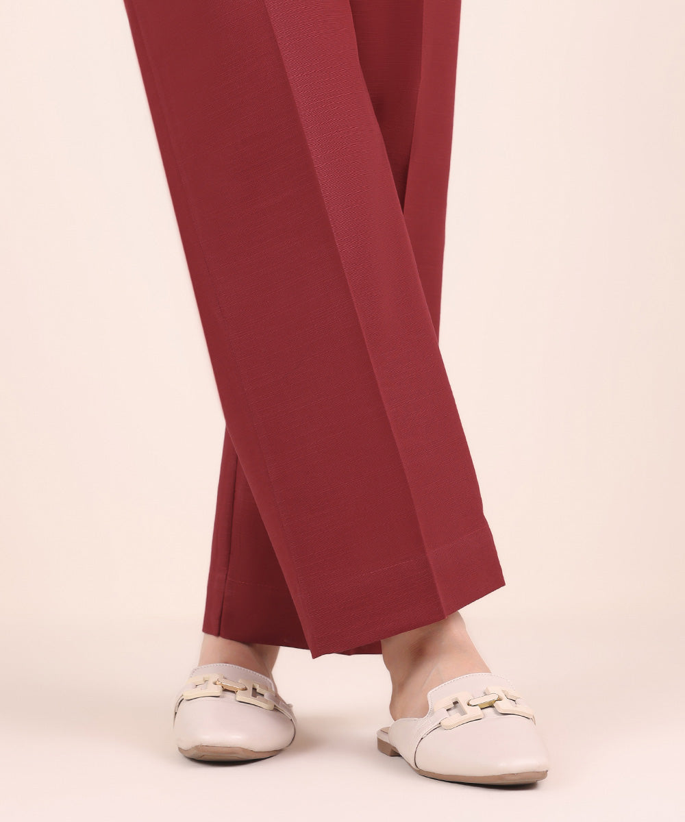 Women's Pret Khaddar Red Solid Straight Pants