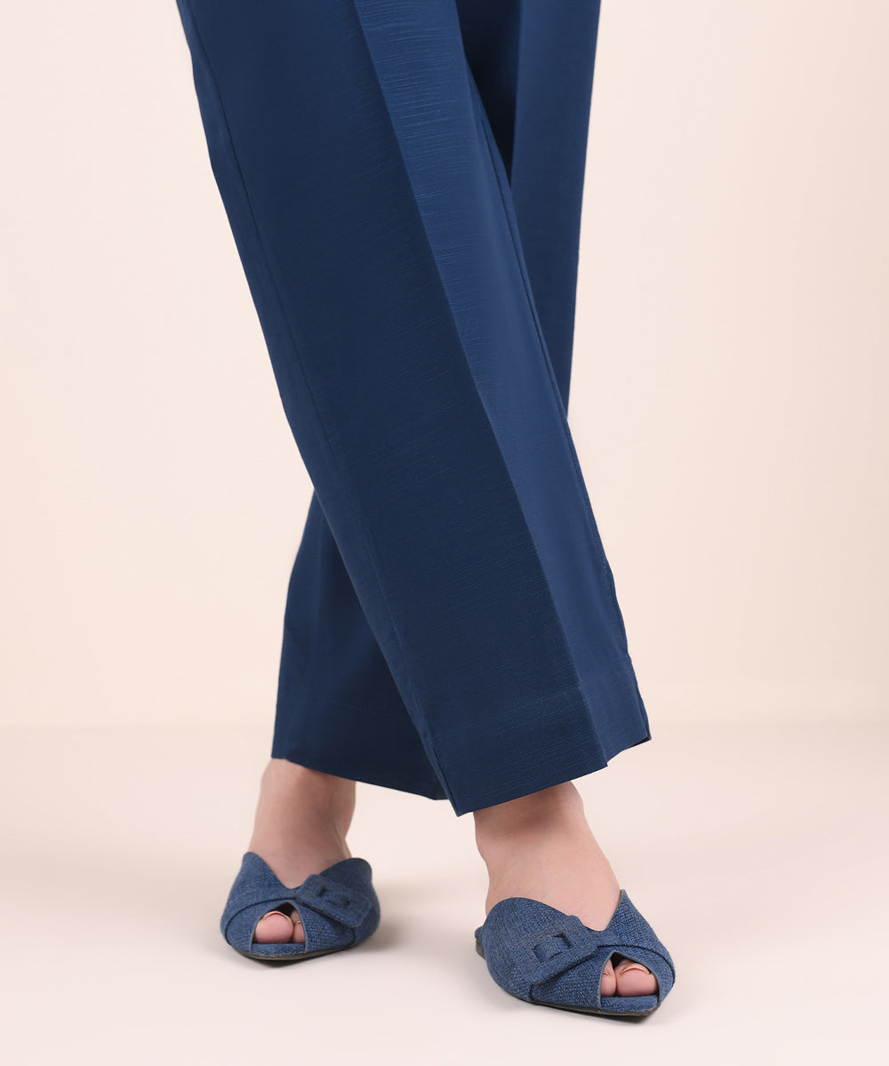 Women's Pret Khaddar Blue Solid Straight Pants